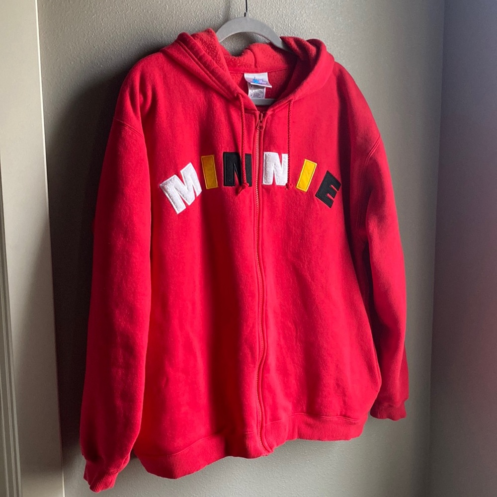 Disney Parks Minnie Embroidered Zip Up Hoodie, Color Red, Size Medium.